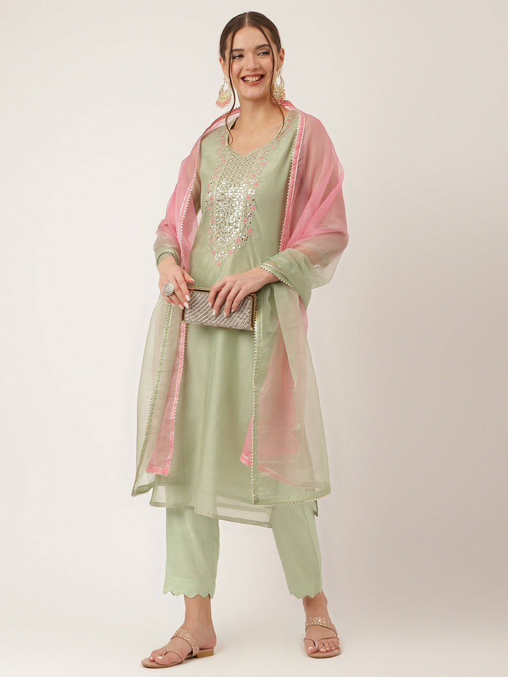 Green-&-Pink-Chanderi-Embroidered-3-Piece-Kurta-Set