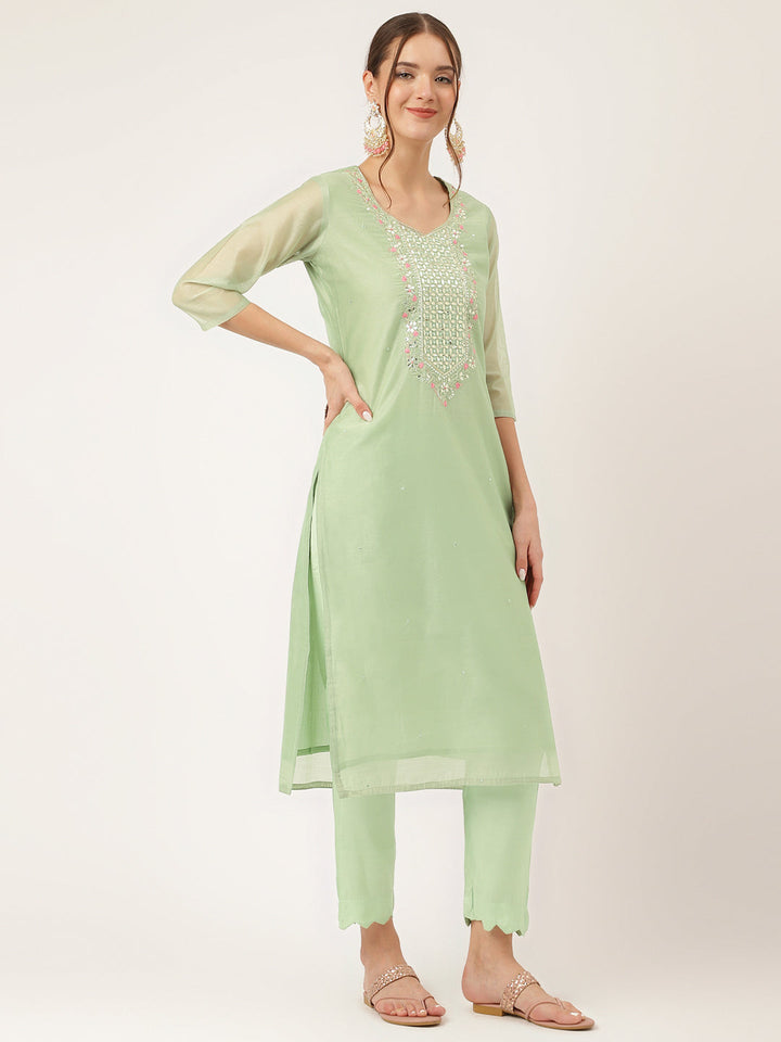 Green-&-Pink-Chanderi-Embroidered-3-Piece-Kurta-Set