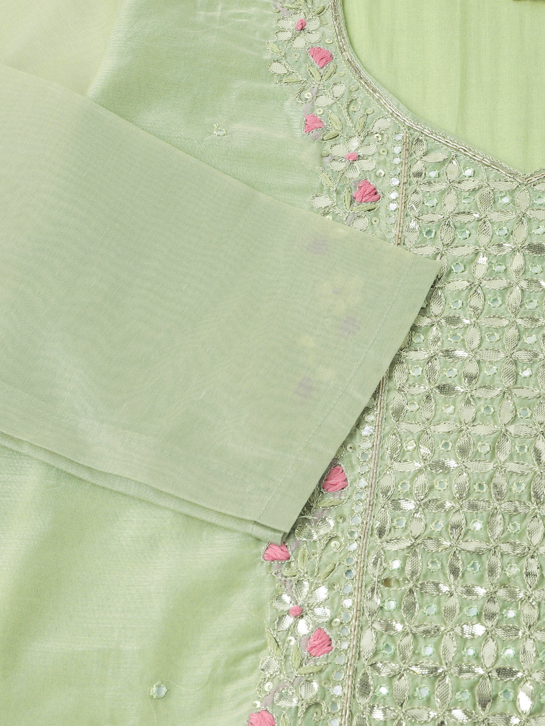 Green-&-Pink-Chanderi-Embroidered-3-Piece-Kurta-Set