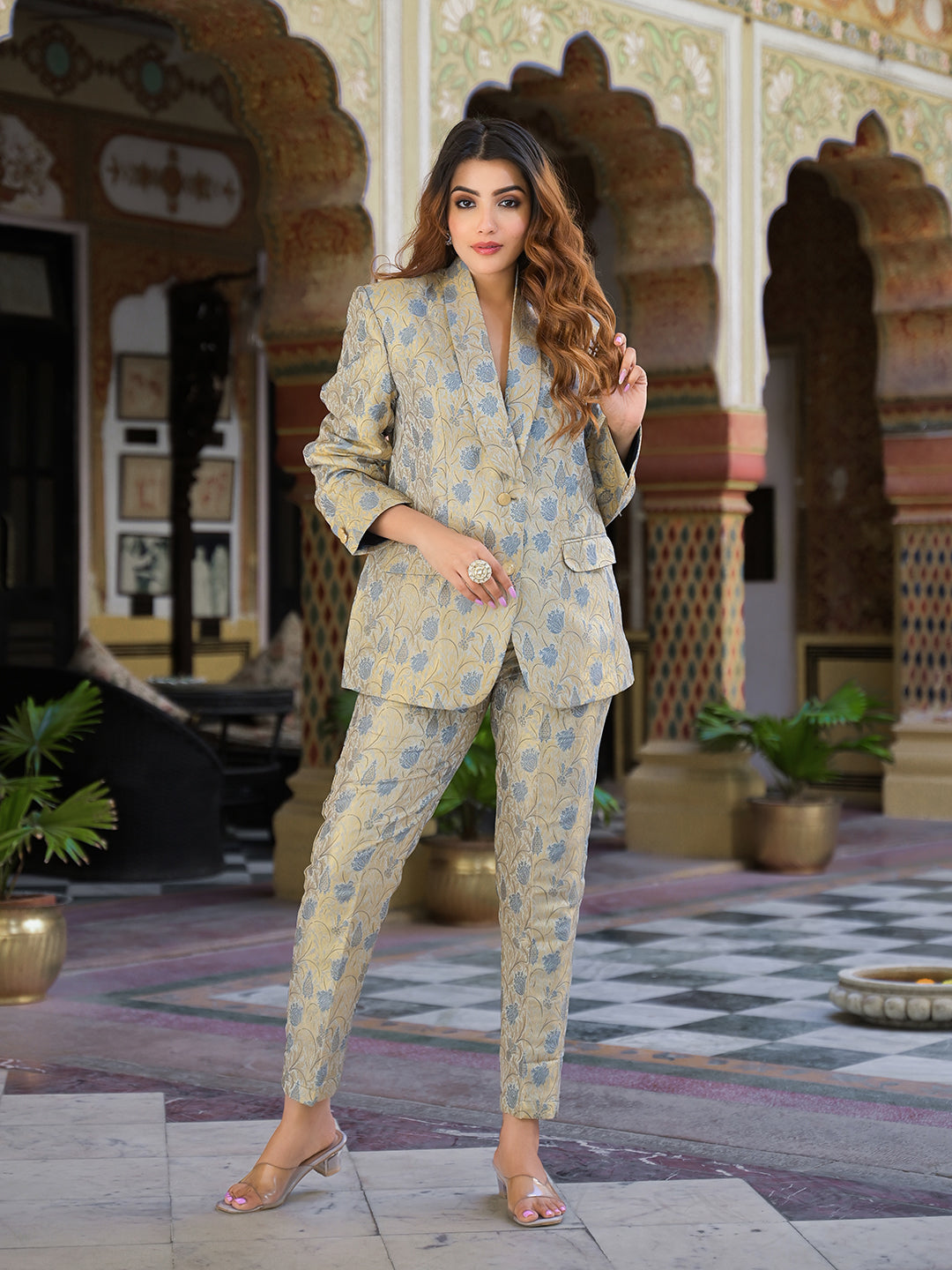 Golden-Cotton-Brocade-Printed-Coat-With-Pant