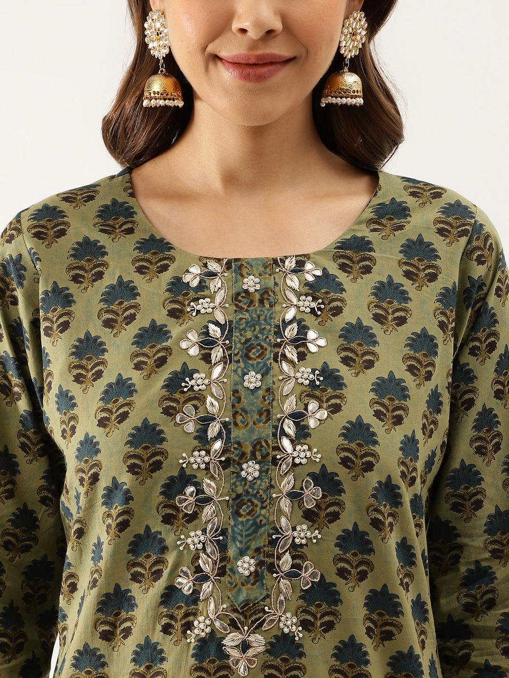 Green-Cotton-Floral-Print-Embroidered-3-Piece-Kurta-Set