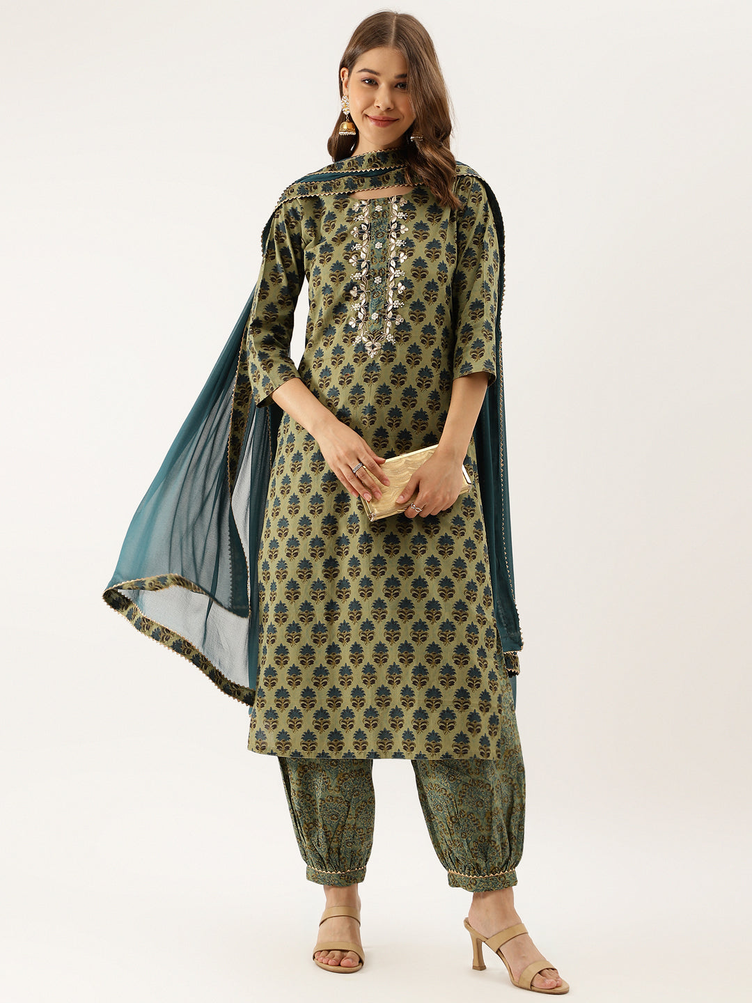 Green-Cotton-Floral-Print-Embroidered-3-Piece-Kurta-Set