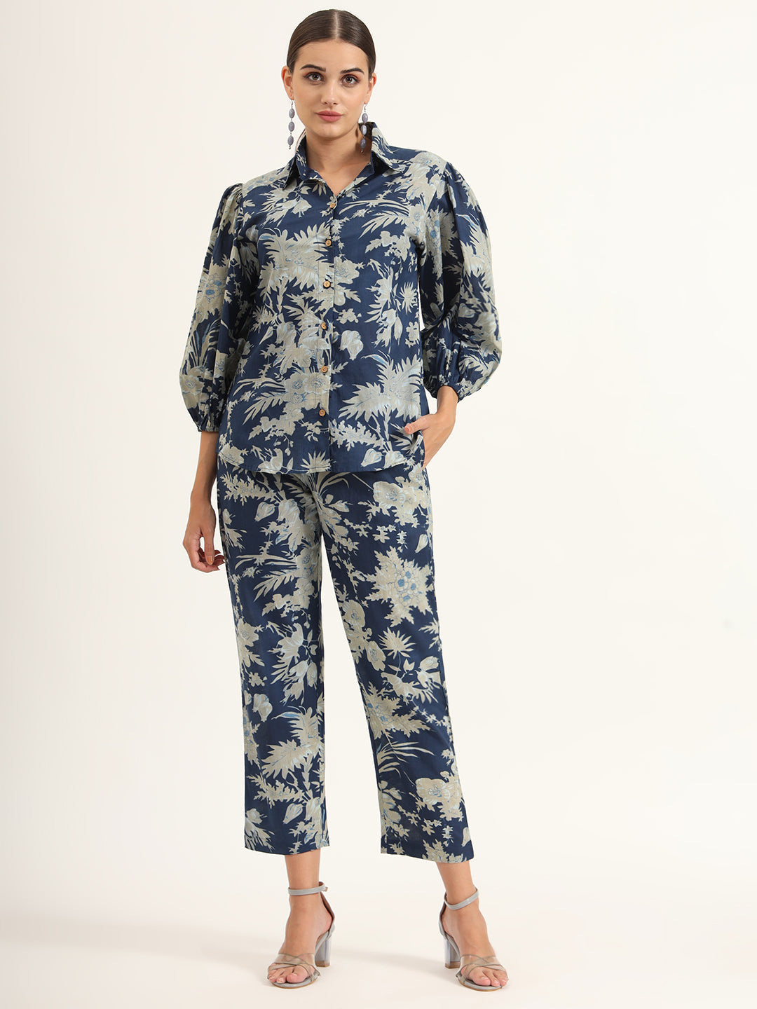 Navy-Blue-Cotton-Floral-Shirt-Style-Co-Ord-Set