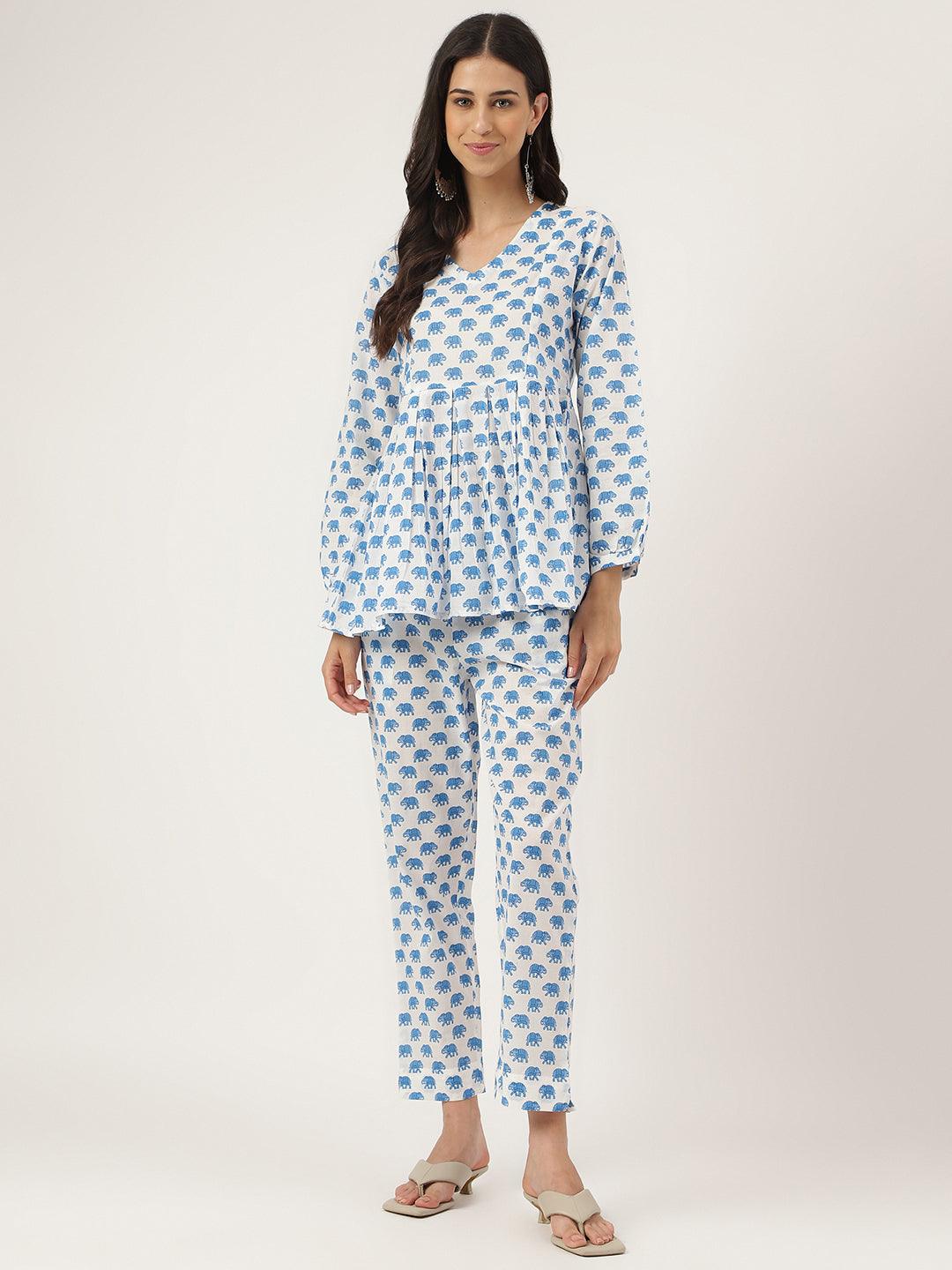 White-Cotton-Animal-Print-Peplum-Co-Ords-Sets