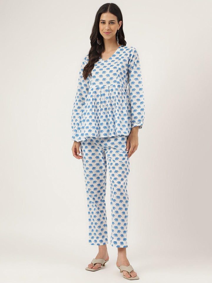 White-Cotton-Animal-Print-Peplum-Co-Ords-Sets
