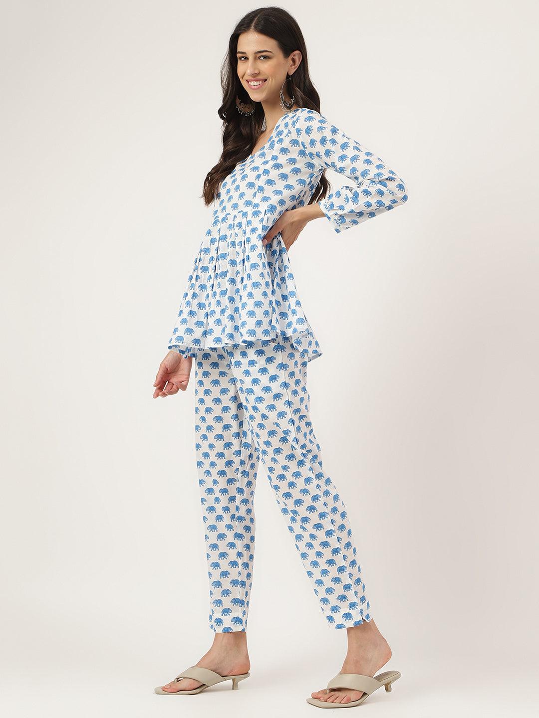 White-Cotton-Animal-Print-Peplum-Co-Ords-Sets