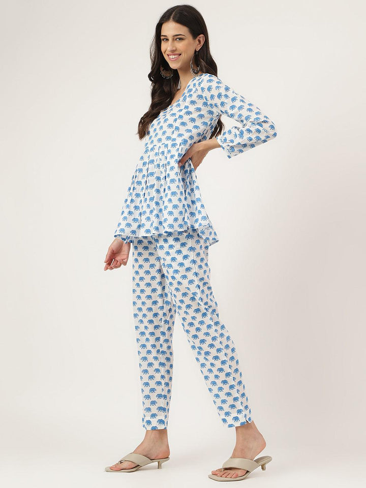 White-Cotton-Animal-Print-Peplum-Co-Ords-Sets