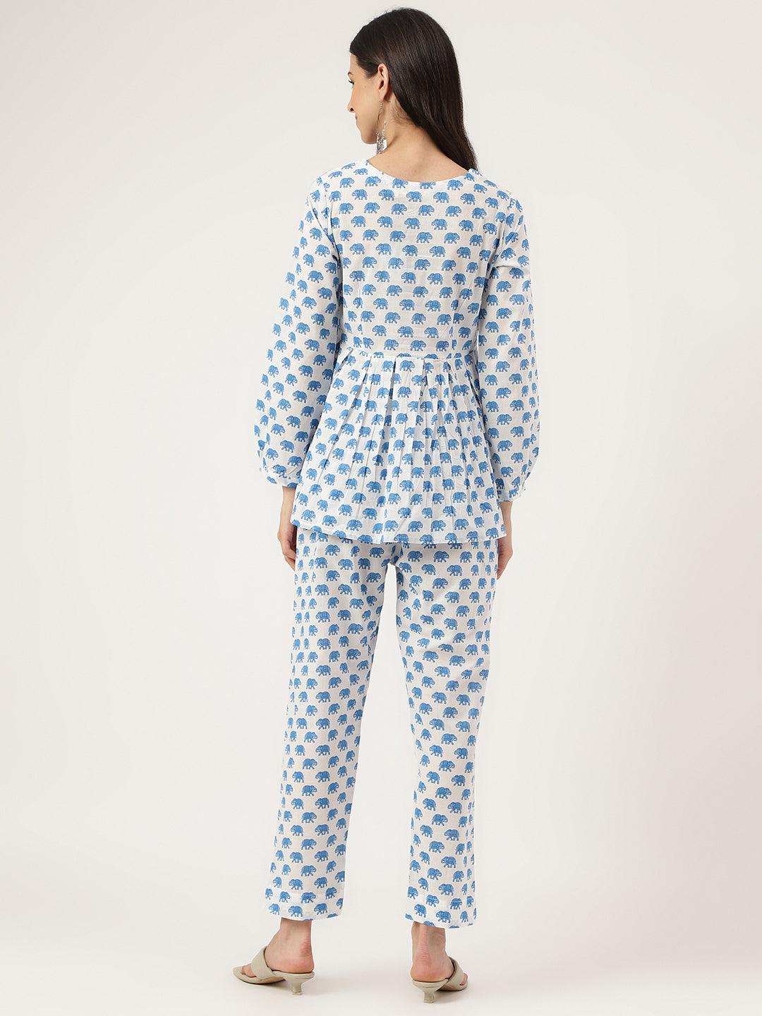 White-Cotton-Animal-Print-Peplum-Co-Ords-Sets