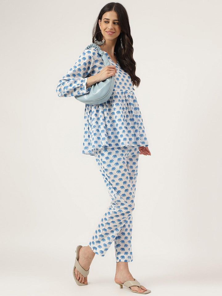 White-Cotton-Animal-Print-Peplum-Co-Ords-Sets