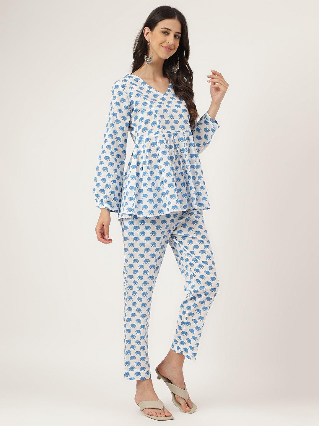 White-Cotton-Animal-Print-Peplum-Co-Ords-Sets