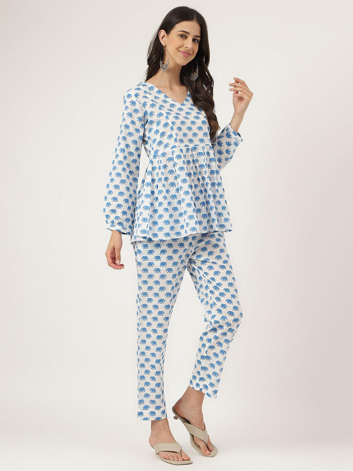 White-Cotton-Animal-Print-Peplum-Co-Ords-Sets