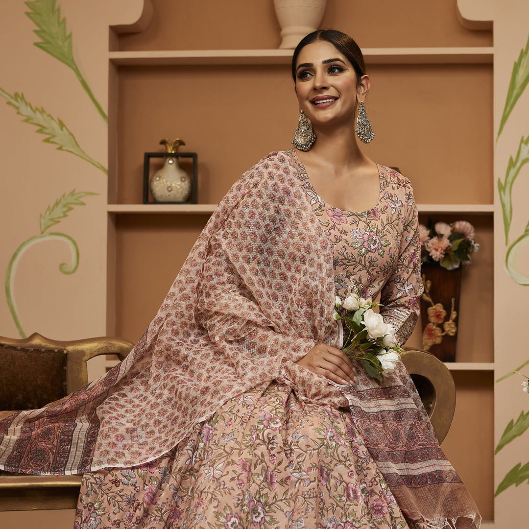 Beige-Cotton-Handblock-Floral-Printed-3-Piece-Anarkali-Set