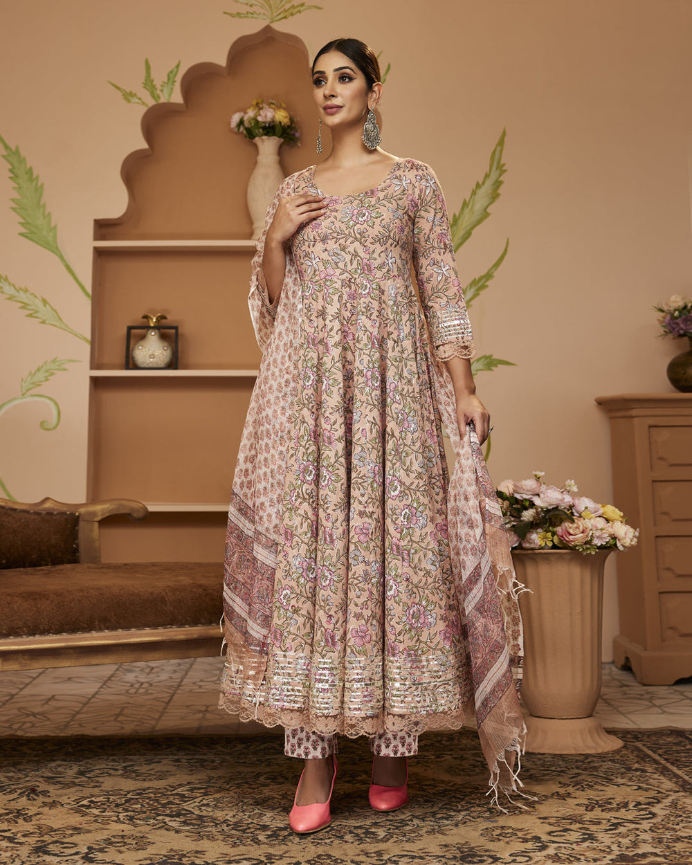 Beige-Cotton-Handblock-Floral-Printed-3-Piece-Anarkali-Set