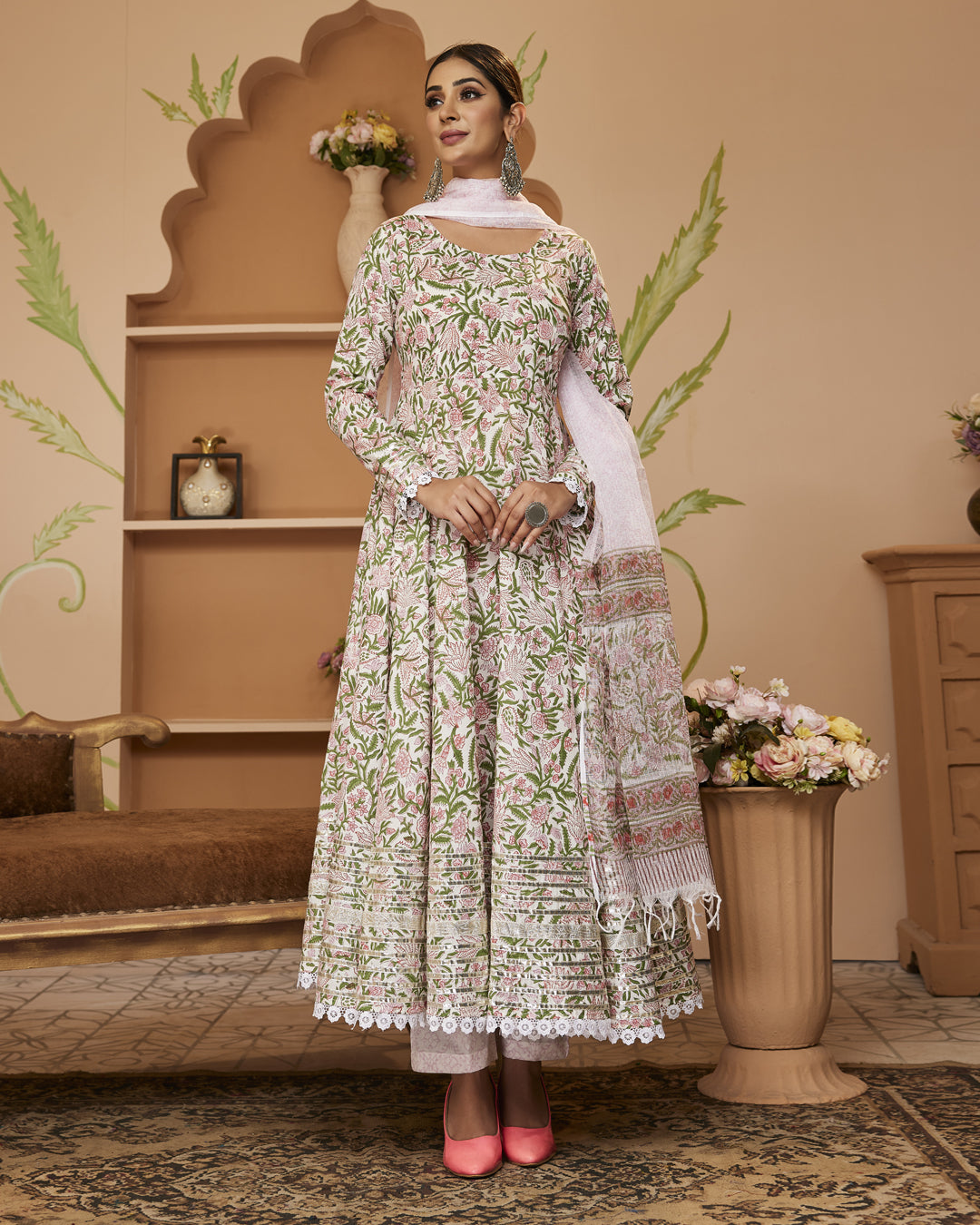 Green-Cotton-Handblock-Printed-3-Piece-Anarkali-Set