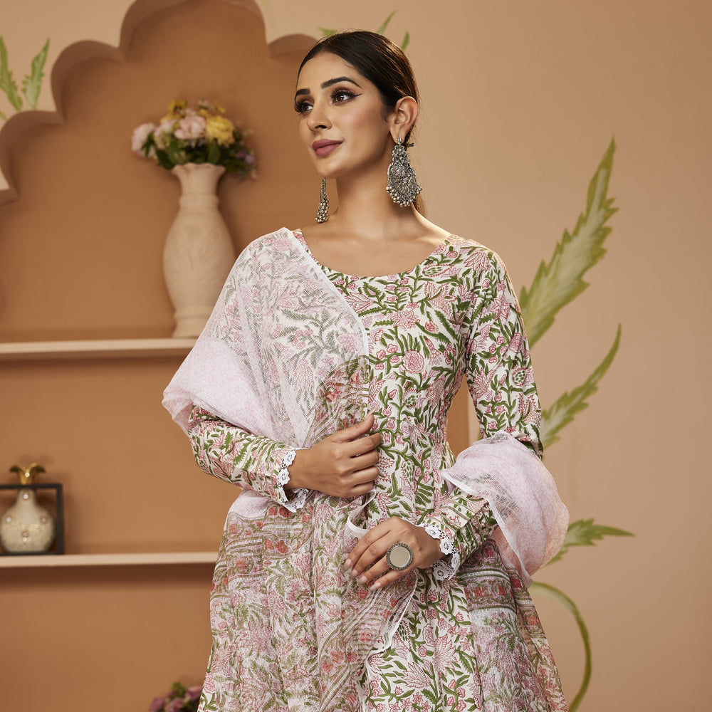 Green-Cotton-Handblock-Printed-3-Piece-Anarkali-Set