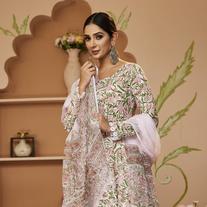 Green-Cotton-Handblock-Printed-3-Piece-Anarkali-Set