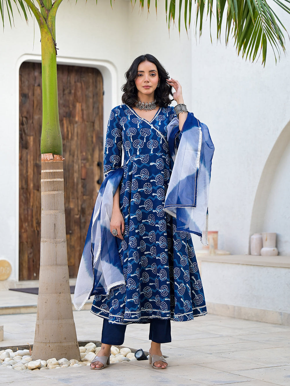 Indigo-Blue-Cotton-Hand-Block-Print-3-Piece-Anarkali-Set