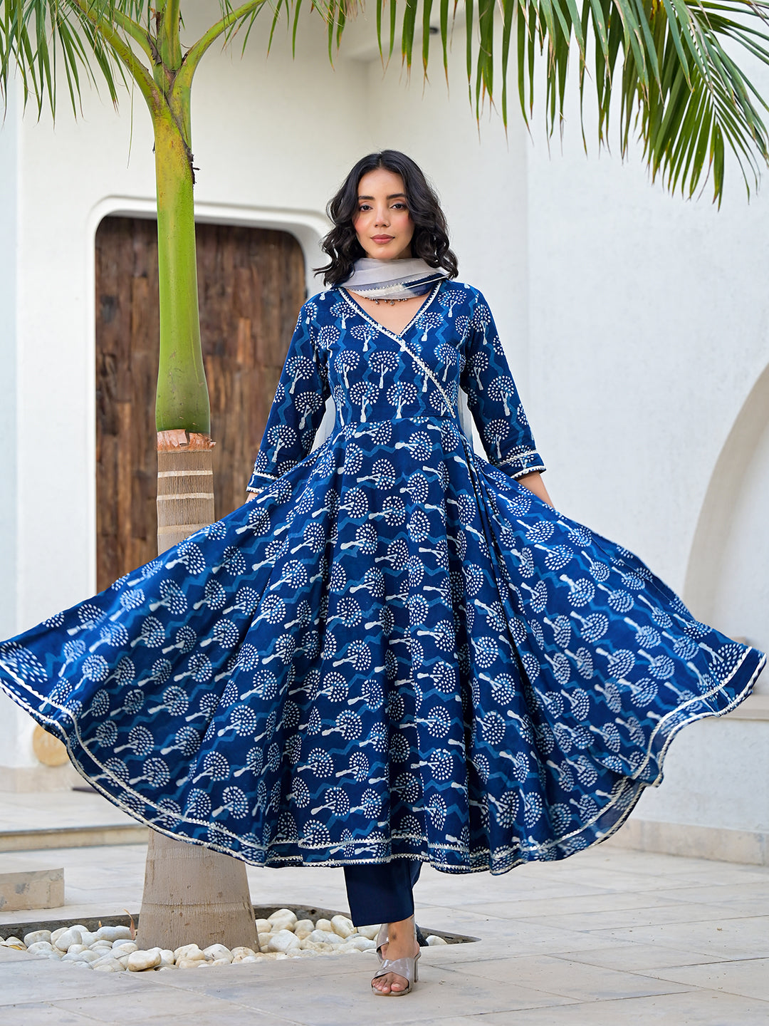 Indigo-Blue-Cotton-Hand-Block-Print-3-Piece-Anarkali-Set
