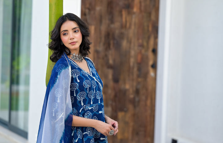 Indigo-Blue-Cotton-Hand-Block-Print-3-Piece-Anarkali-Set