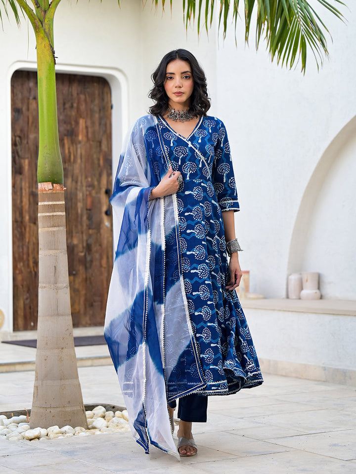 Indigo-Blue-Cotton-Hand-Block-Print-3-Piece-Anarkali-Set