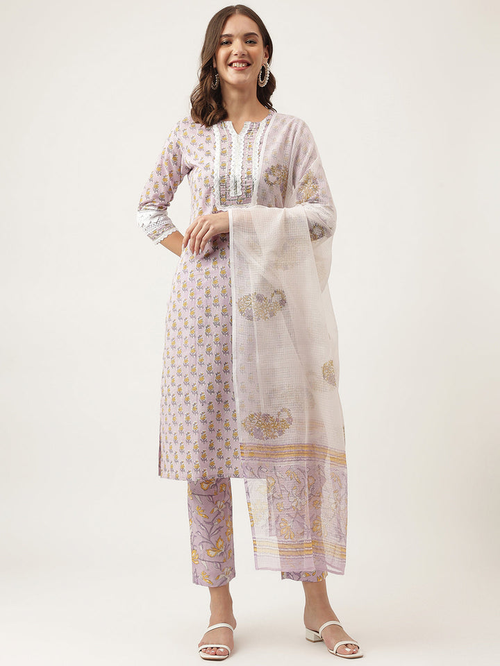 Lavender-Cotton-Hand-Block-Floral-Printed-3-Piece-Kurta-Set