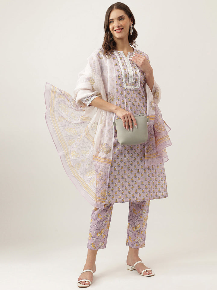 Lavender-Cotton-Hand-Block-Floral-Printed-3-Piece-Kurta-Set