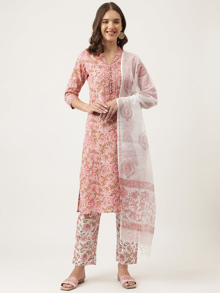 Pink-Cotton-Hand-Block-Floral-Printed-3-Piece-Kurta-Set
