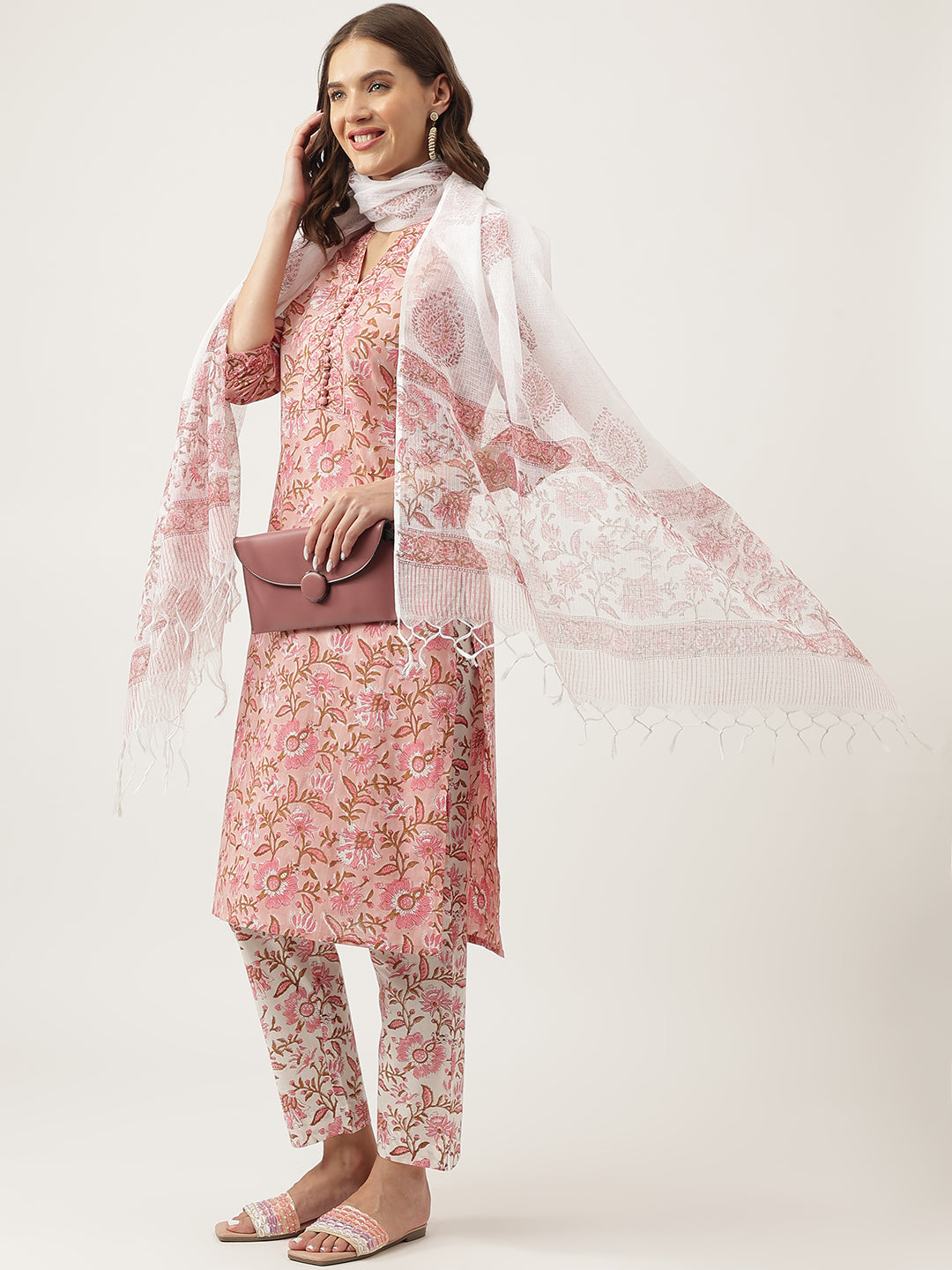 Pink-Cotton-Hand-Block-Floral-Printed-3-Piece-Kurta-Set
