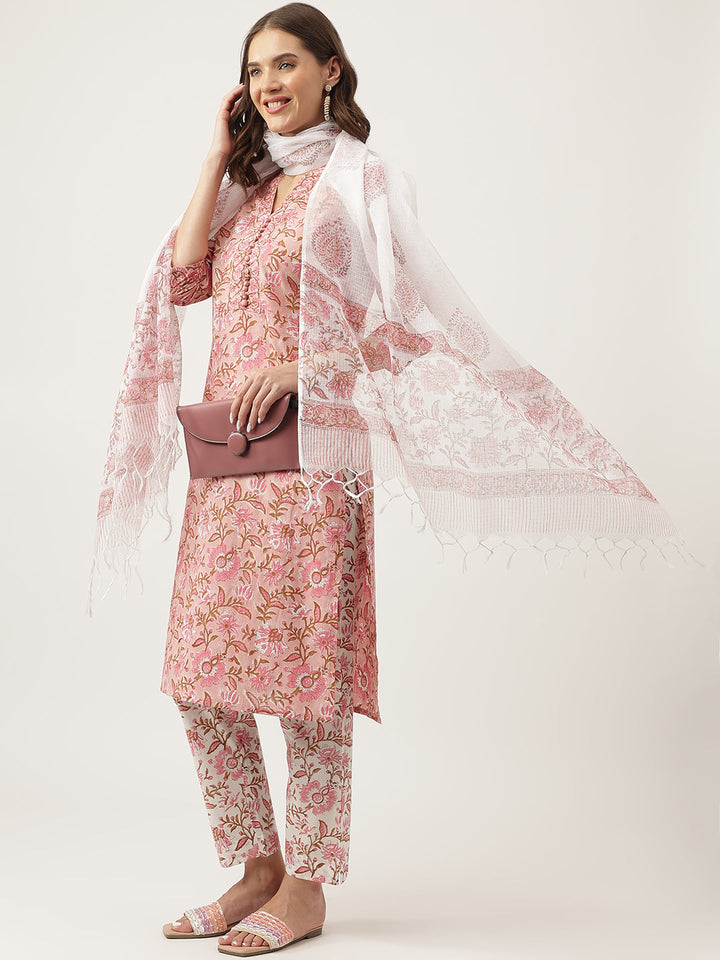 Pink-Cotton-Hand-Block-Floral-Printed-3-Piece-Kurta-Set