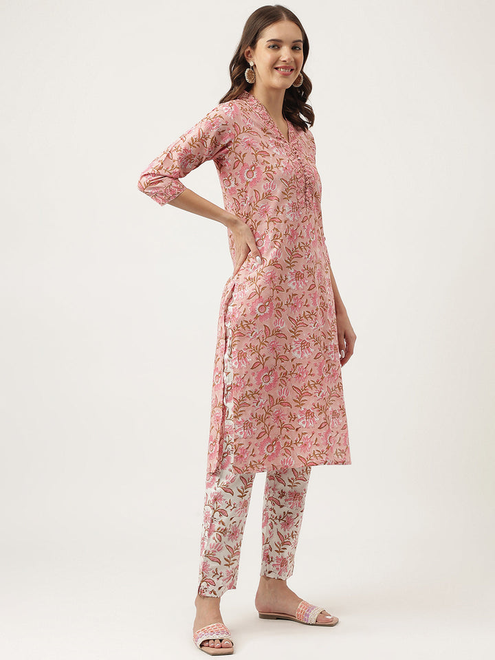 Pink-Cotton-Hand-Block-Floral-Printed-3-Piece-Kurta-Set