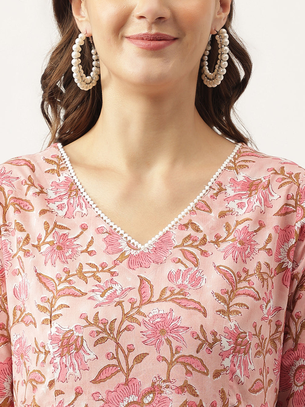 Pink-Cotton-Handblock-Floral-Printed-3-Piece-Kurta-Set