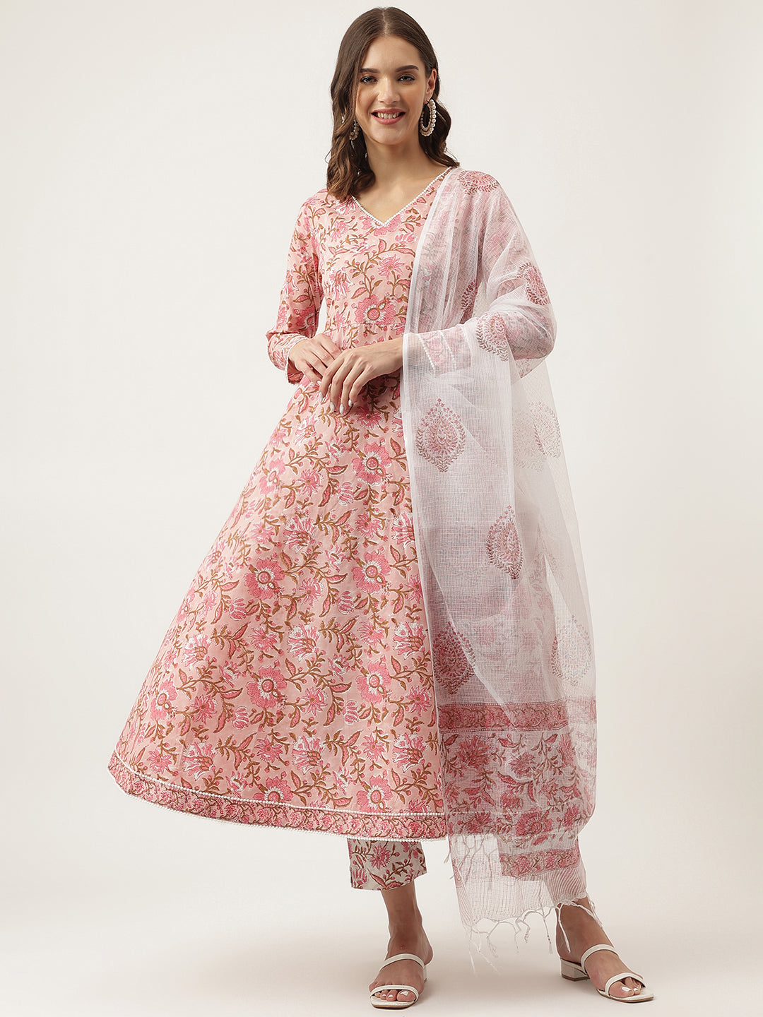 Pink-Cotton-Handblock-Floral-Printed-3-Piece-Kurta-Set