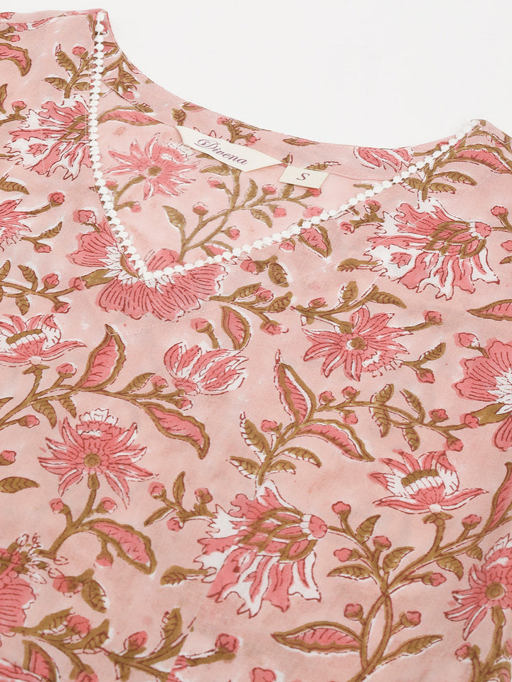 Pink-Cotton-Handblock-Floral-Printed-3-Piece-Kurta-Set