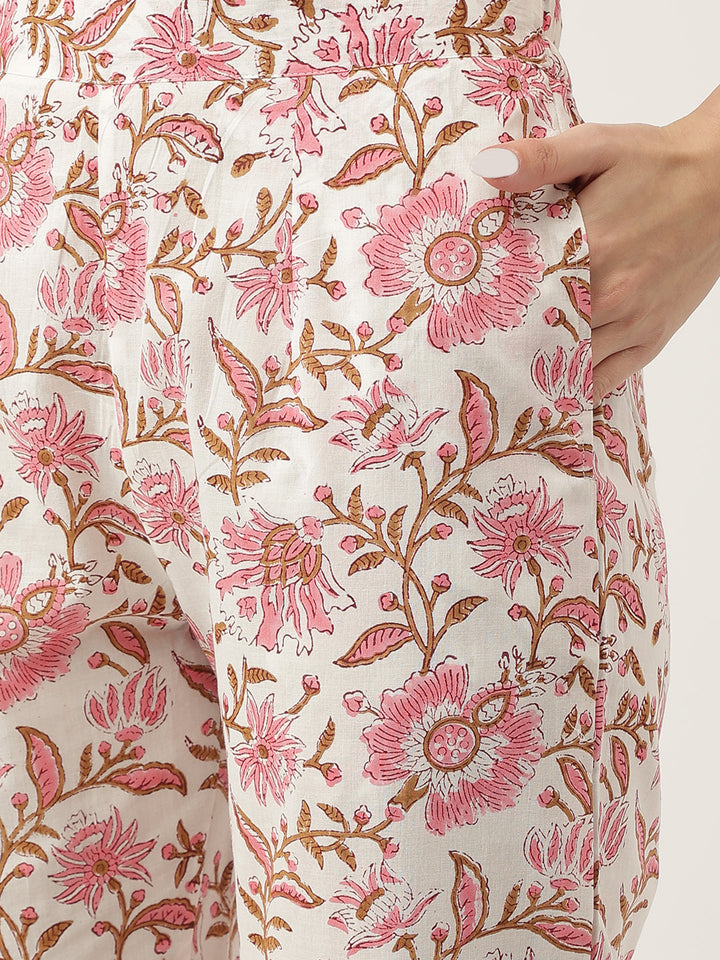 Pink-Cotton-Handblock-Floral-Printed-3-Piece-Kurta-Set