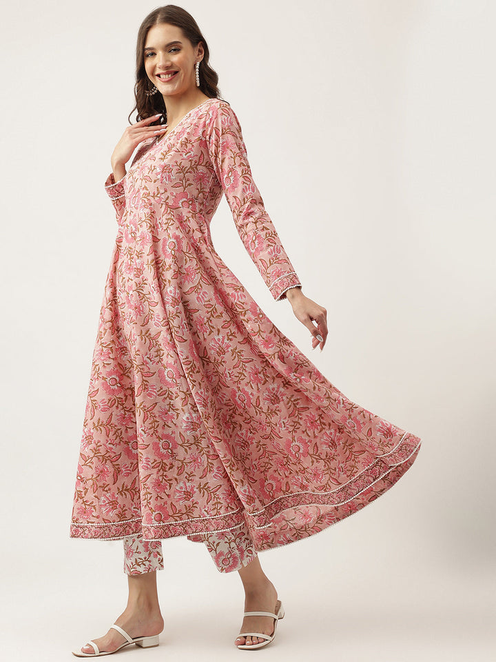 Pink-Cotton-Handblock-Floral-Printed-3-Piece-Kurta-Set