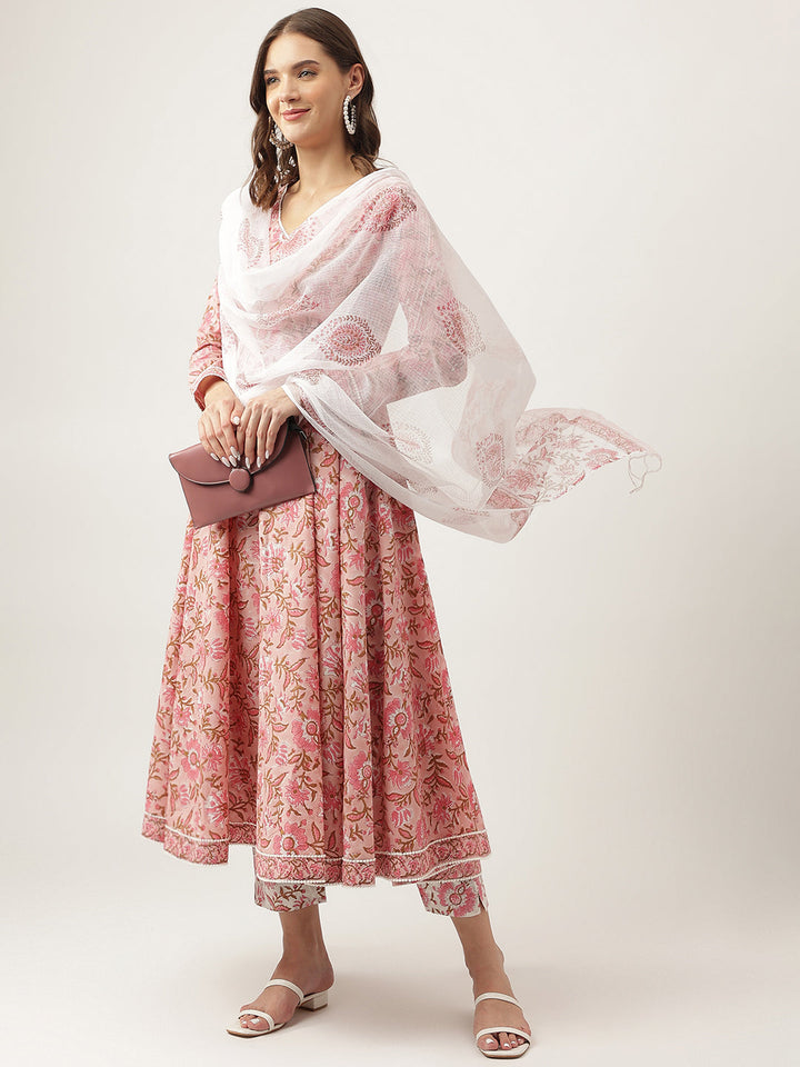 Pink-Cotton-Handblock-Floral-Printed-3-Piece-Kurta-Set