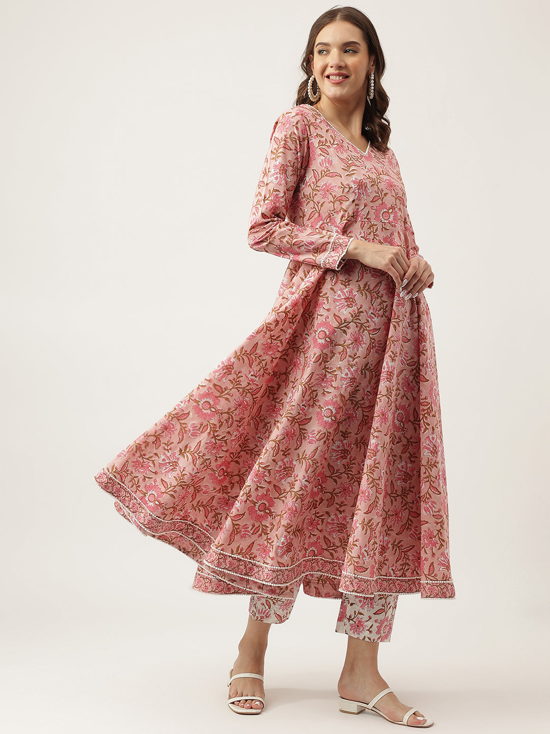 Pink-Cotton-Handblock-Floral-Printed-3-Piece-Kurta-Set