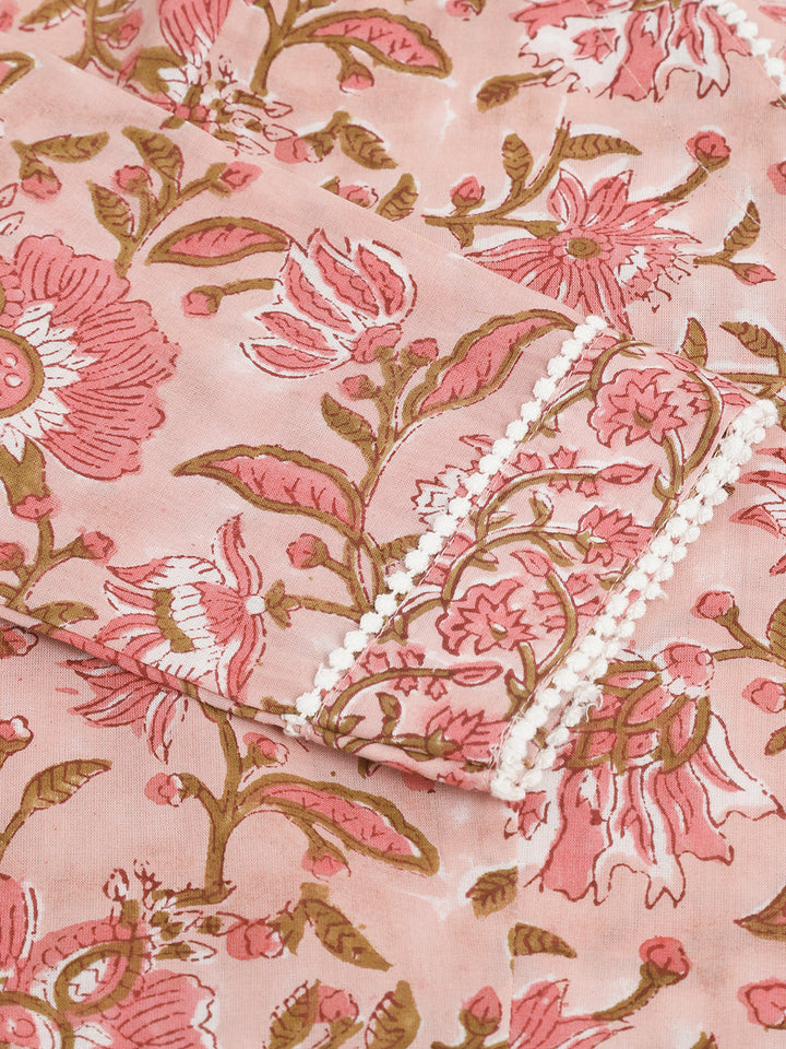 Pink-Cotton-Handblock-Floral-Printed-3-Piece-Kurta-Set