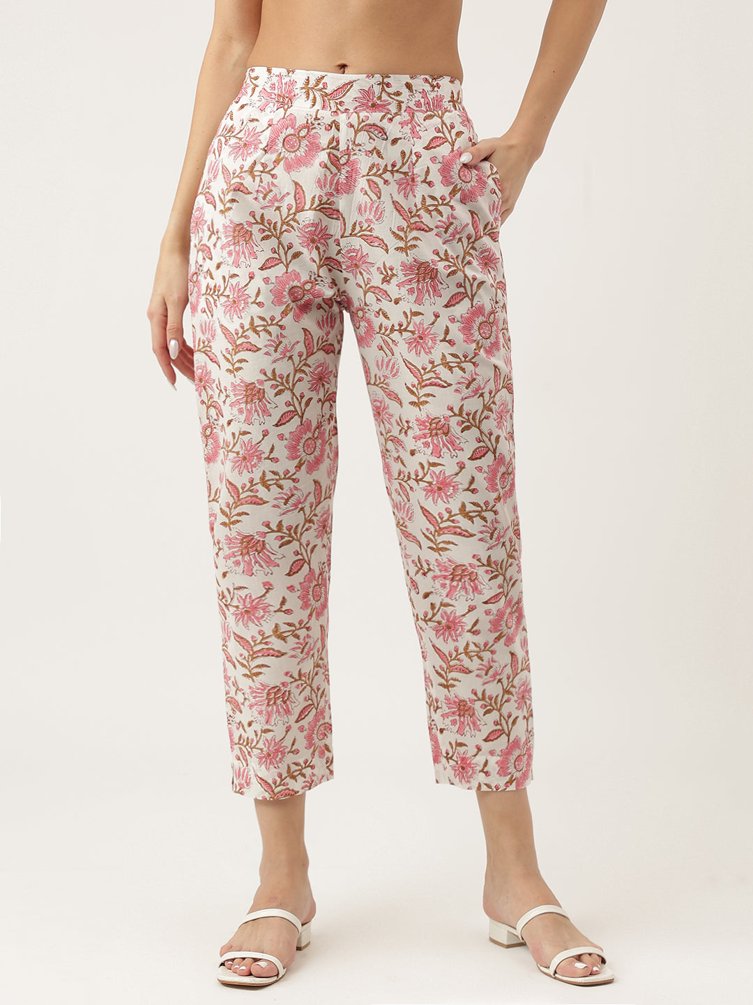 Pink-Cotton-Handblock-Floral-Printed-3-Piece-Kurta-Set