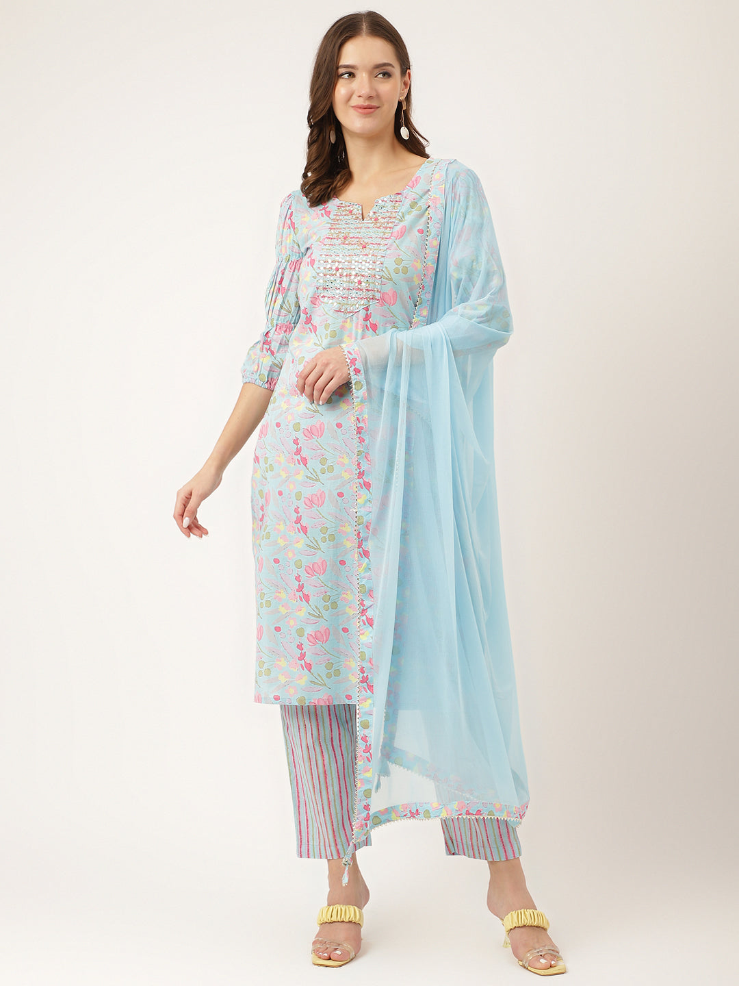 Blue-Cotton-Floral-Print-3-Piece-Kurta-Set