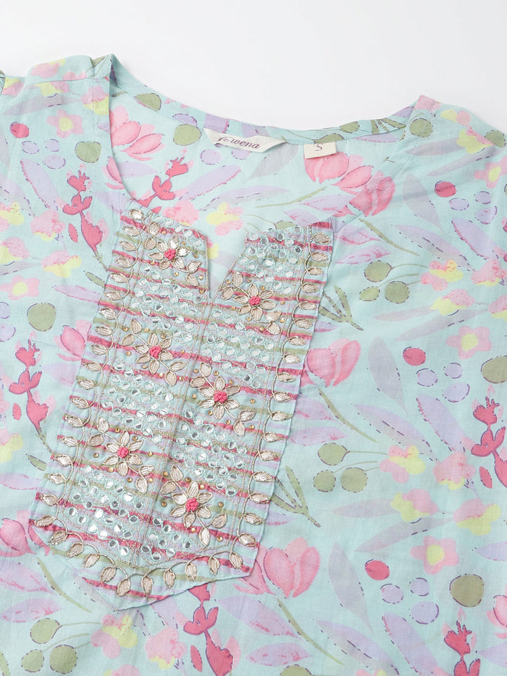 Blue-Cotton-Floral-Print-3-Piece-Kurta-Set
