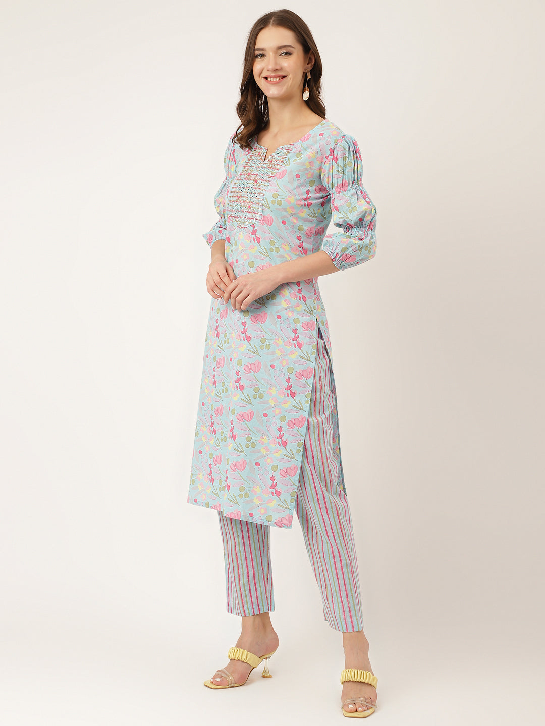 Blue-Cotton-Floral-Print-3-Piece-Kurta-Set