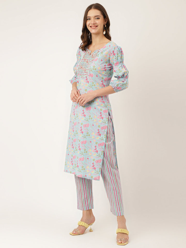 Blue-Cotton-Floral-Print-3-Piece-Kurta-Set