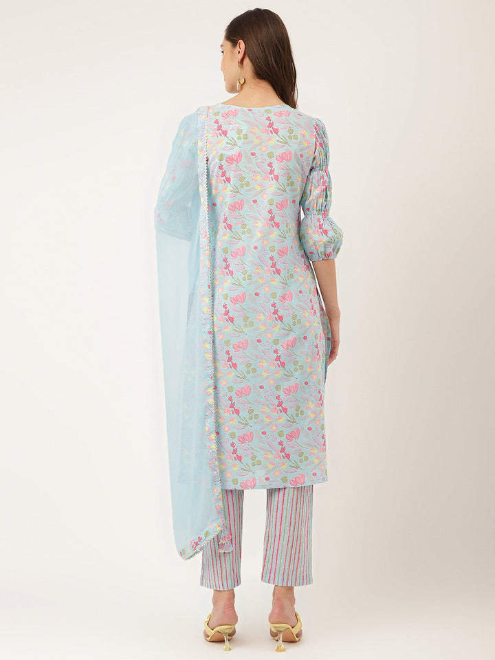 Blue-Cotton-Floral-Print-3-Piece-Kurta-Set