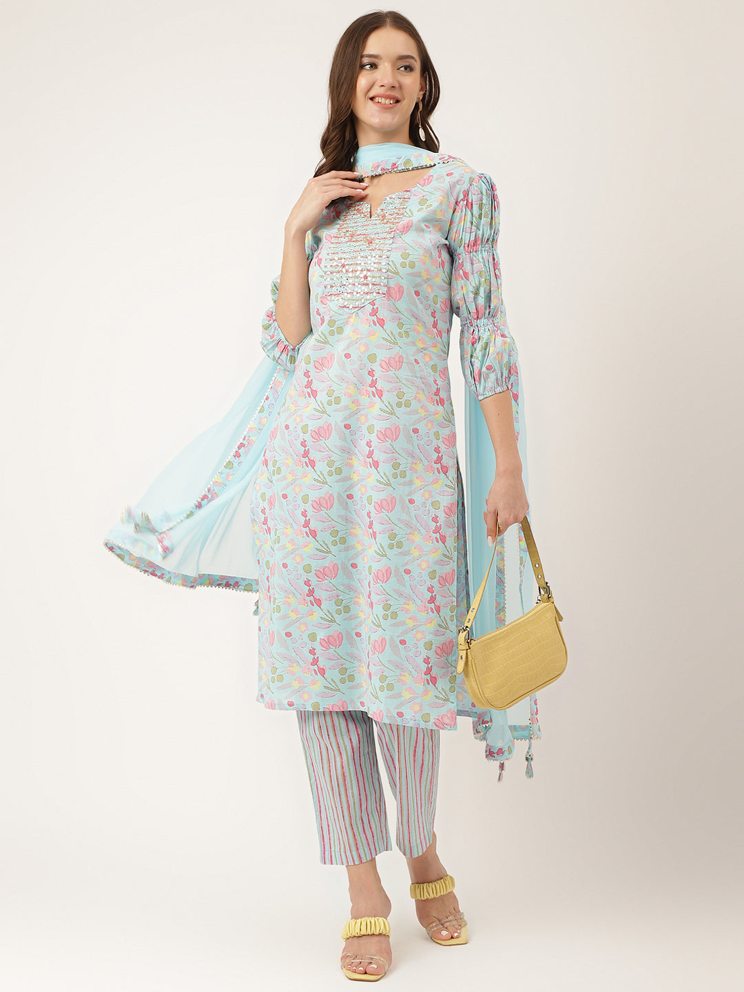Blue-Cotton-Floral-Print-3-Piece-Kurta-Set