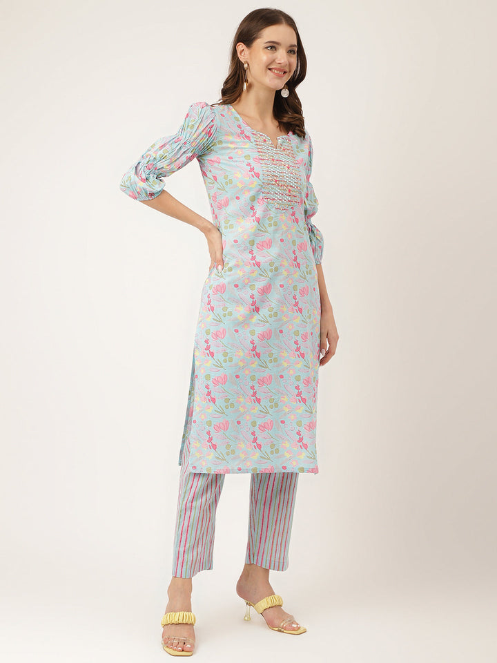 Blue-Cotton-Floral-Print-3-Piece-Kurta-Set