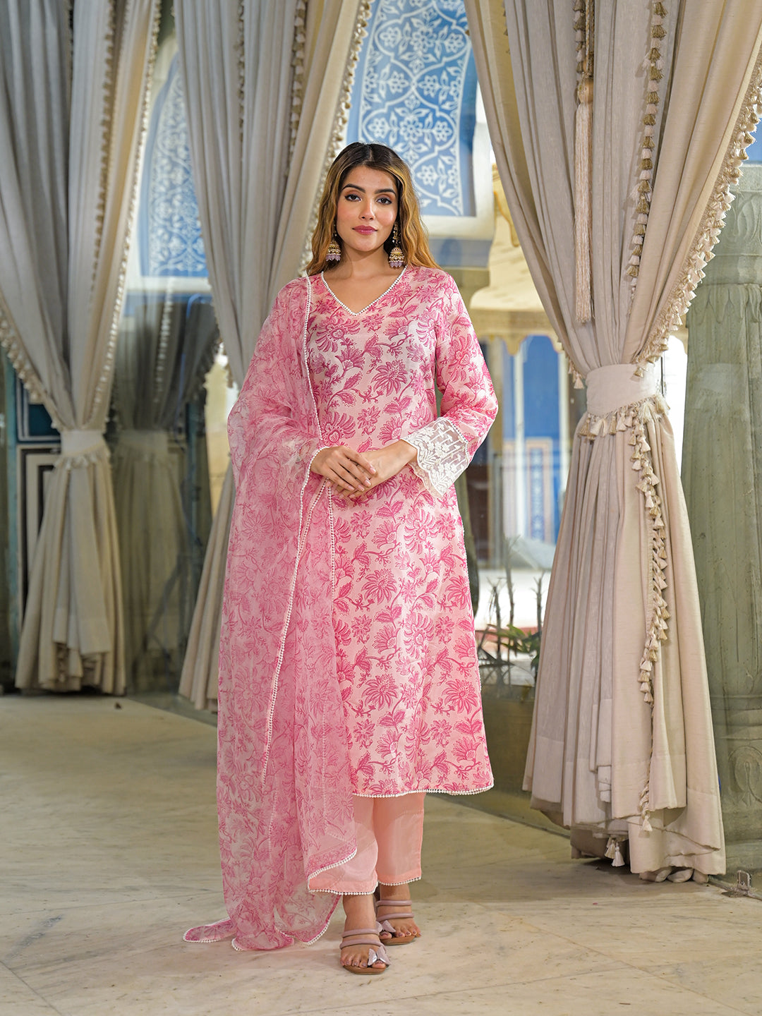 Pink-Silk-Blend-Tussar-Silk-Straight-3-Piece-Kurta-Set