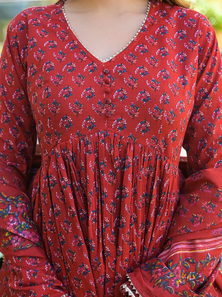 Red-Floral-Cotton-Printed-3-Piece-Anarkali-Set
