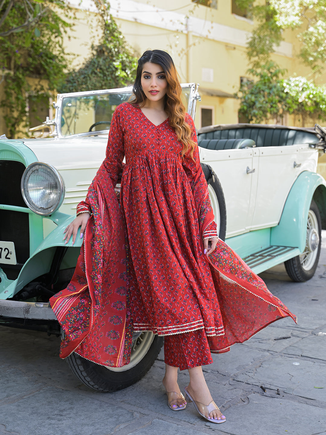Red-Floral-Cotton-Printed-3-Piece-Anarkali-Set