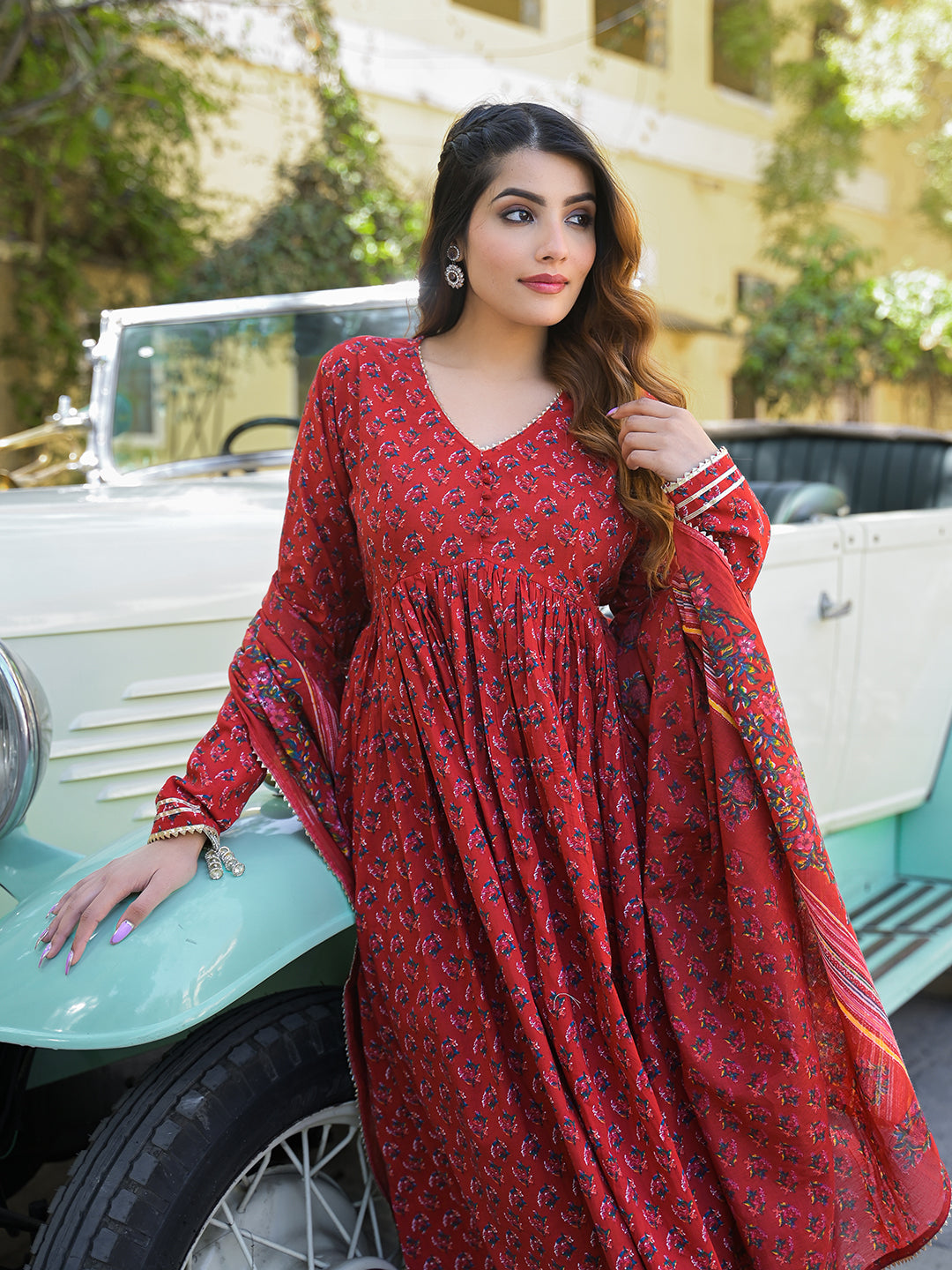 Red-Floral-Cotton-Printed-3-Piece-Anarkali-Set